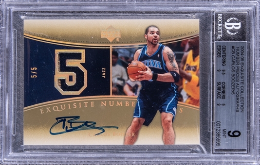 2004-05 UD "Exquisite Collection" Number Pieces Autographs #CB Carlos Boozer Signed Game Used Patch Card (#5/5) - BGS MINT 9/BGS 8